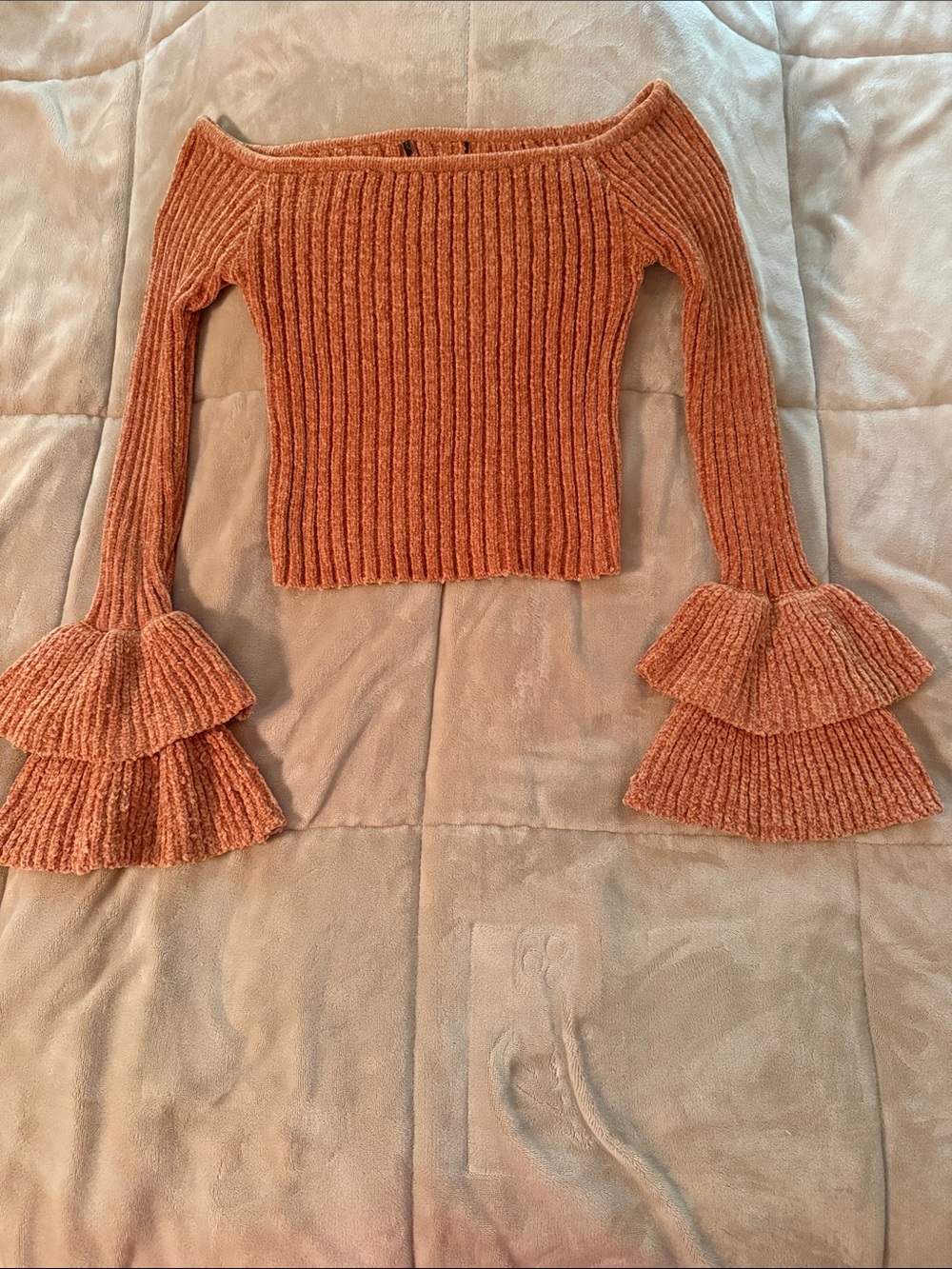 Off-Shoulder Ribbed Sweater with Tiered Bell Sleeves - Rust Orange cropped style